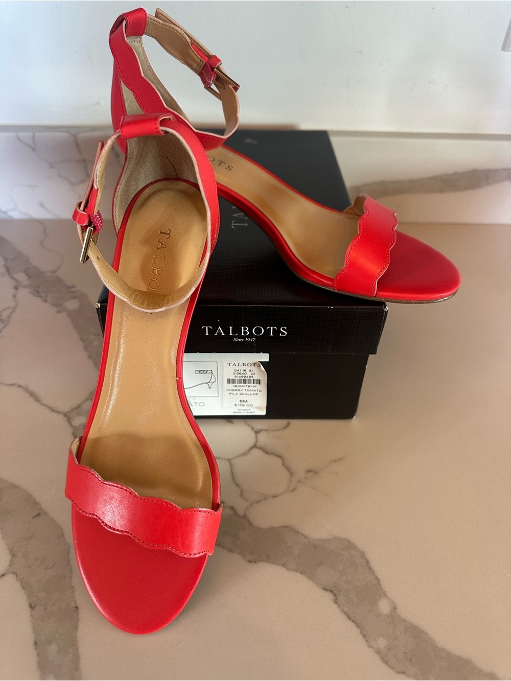 Talbots Cherry Red “Pila” Scallop-Edge Ankle Strap Heels, Sz 8, leather